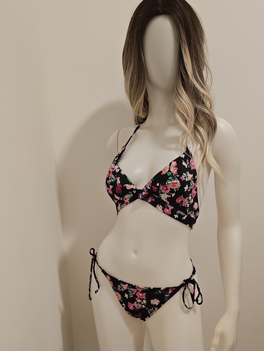 Victoria's Secret Black Floral Tie-Side Bikini with Pink Roses